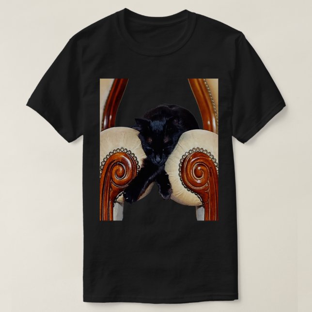 Schwarze Katze zwischen zwei Stühlen gespannt Bein T-Shirt (Design vorne)