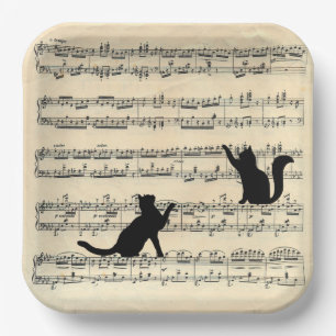 Schwarze Katzen auf Blatt Musik Pappteller