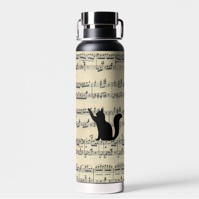Schwarze Katzen auf Blatt Musik Trinkflasche (Rückseite)