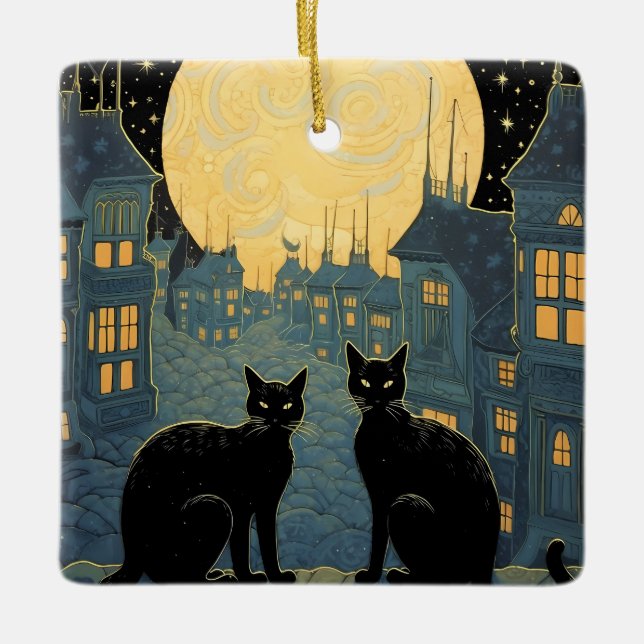 Schwarze Katzen auf dem Dach Keramikornament (Vorderseite)