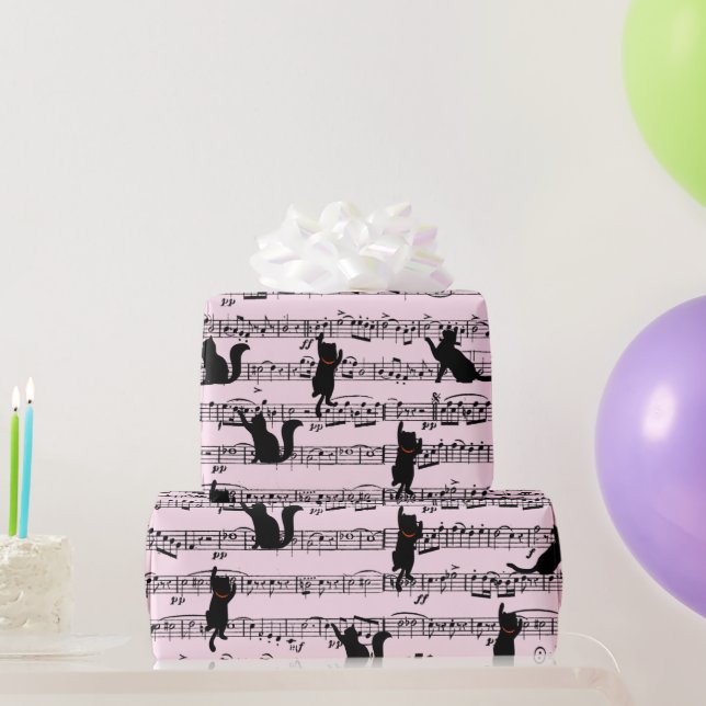 Schwarze Katzen auf rosa Noten Geschenkpapier (Partygeschenke)