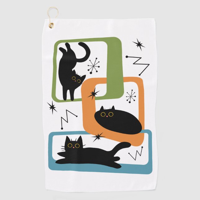 Schwarze Katzen aus der Mitte des Jahrhunderts Golfhandtuch (Vorderseite)