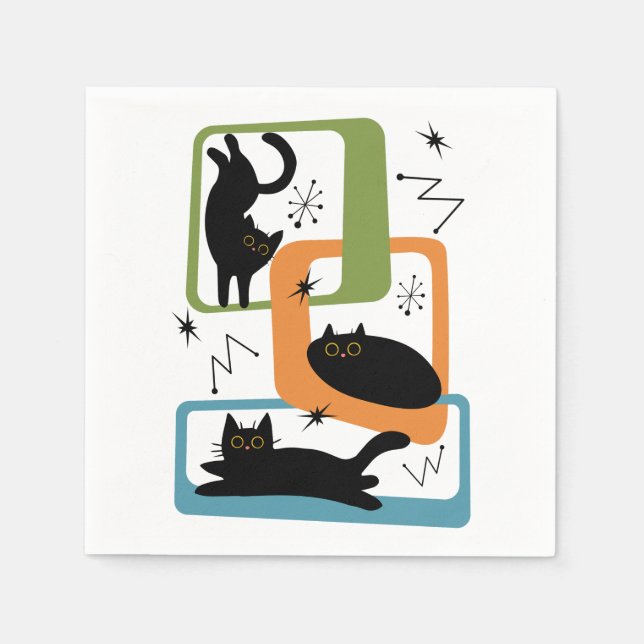 Schwarze Katzen aus der Mitte des Jahrhunderts Serviette (Vorderseite)