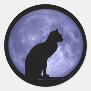 Schwarze Katzen-blauer Mond-runde Aufkleber