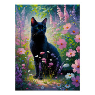 Schwarze Katzen Farbige Wildblumen Dekoupage Poster