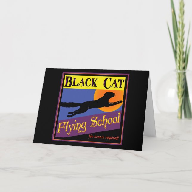Schwarze Katzen-Fliegen-SchulVintage Karte (Vorderseite)
