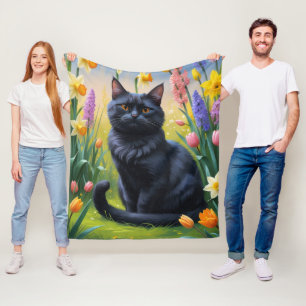 Schwarze Katzen Frühlingsblumen Malerei Fleecedecke