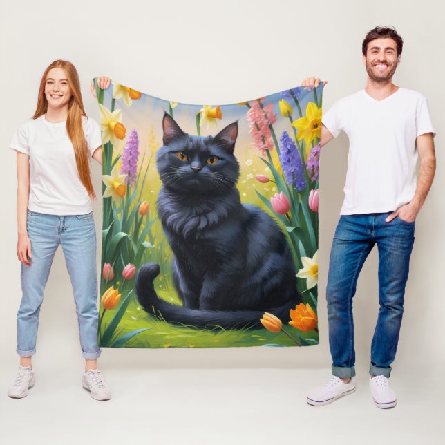 Schwarze Katzen Frühlingsblumen Malerei Fleecedecke (Beispiel)