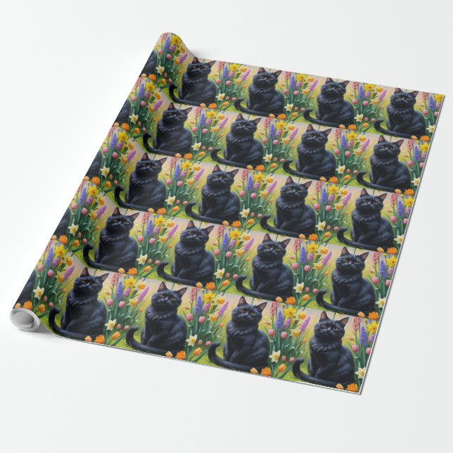 Schwarze Katzen Frühlingsblumen Malerei Geschenkpapier (Ungerollt)