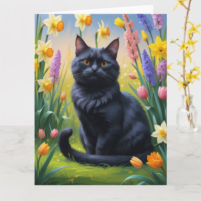 Schwarze Katzen Frühlingsblumen Malerei Karte (Gelbe Blume)