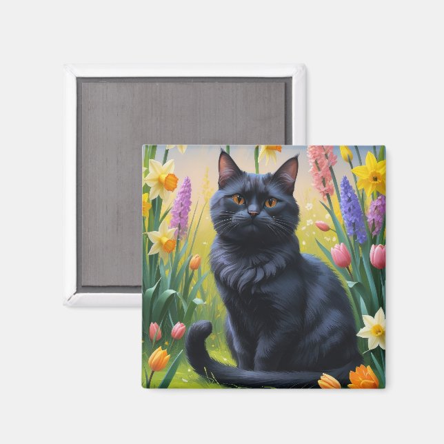 Schwarze Katzen Frühlingsblumen Malerei Magnet (Vorderseite/Rückseite)