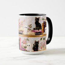 Schwarze Katzen-Geisterbücher-Tasse Süßes Hallowee