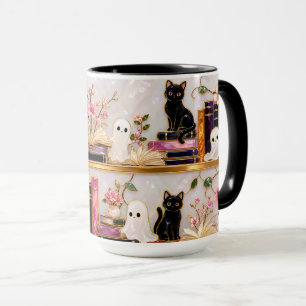 Schwarze Katzen-Geisterbücher-Tasse Süßes Hallowee Tasse