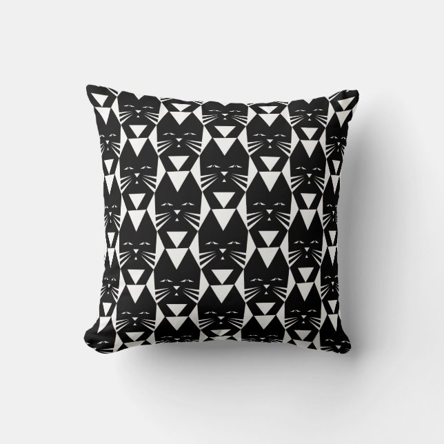 Schwarze Katzen-geometrisches Muster Kissen (Vorderseite)