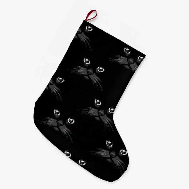 Schwarze Katzen-Gesichts-Muster Großer Weihnachtsstrumpf (Vorderansicht (hängend))