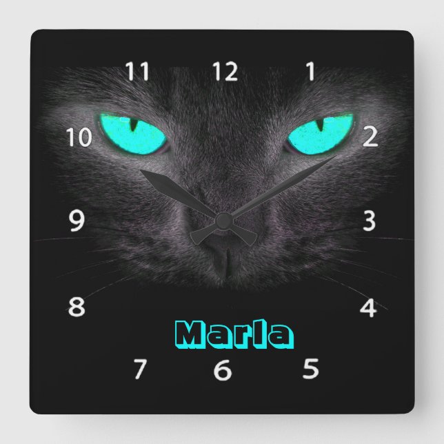 Schwarze Katzen-Gesichts-Türkis mustert Wanduhr (Vorderseite)