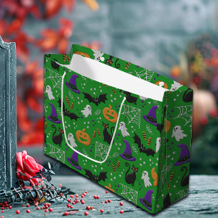 Schwarze Katzen Ghosts Fledermäuse Grünes Muster H Große Geschenktüte
