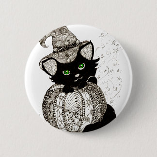 Schwarze Katzen-grüne Augen-Kürbis Button