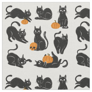 Schwarze Katzen, Halloween, Kürbis und Schädel Stoff