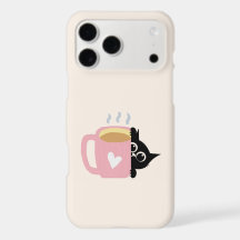 Schwarze Katzen-Handyhülle hält rosa Herz-Tasse