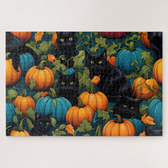 Schwarze Katzen im Kürbispflaster - Halloween (Horizontal)