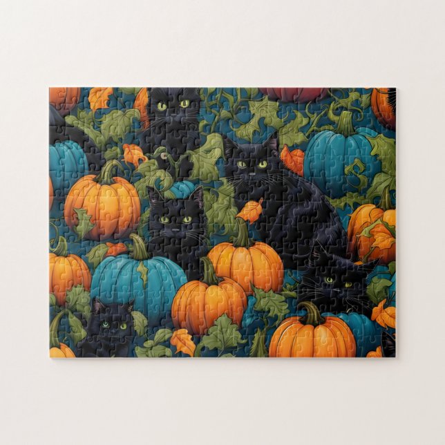 Schwarze Katzen im Kürbispflaster - Halloween (Horizontal)