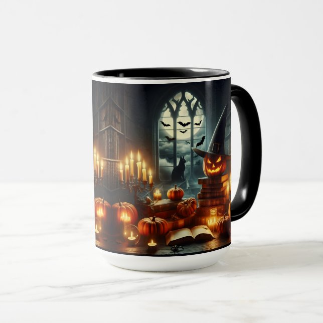 Schwarze Katzen, Jack-O-Lantern und Fledermäuse Tasse (VorderseiteRechts)
