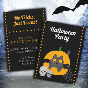 Schwarze Katzen-Kürbis-Totenkopf-Kinder-Halloween- Einladung