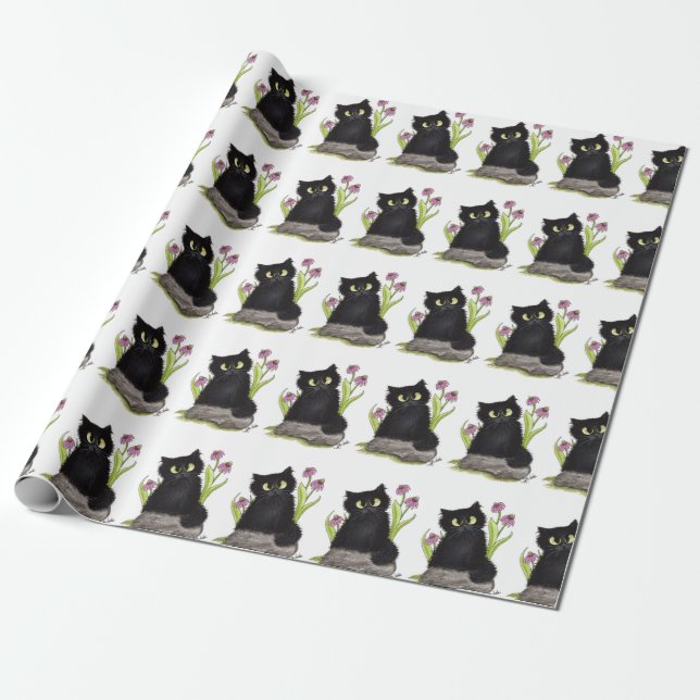 Schwarze Katzen-lila Blumen-Verpackungs-Papier Geschenkpapier (Ungerollt)