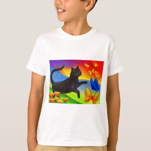 Schwarze Katzen-Malerei-Schmetterlings-Kunst - T-Shirt
