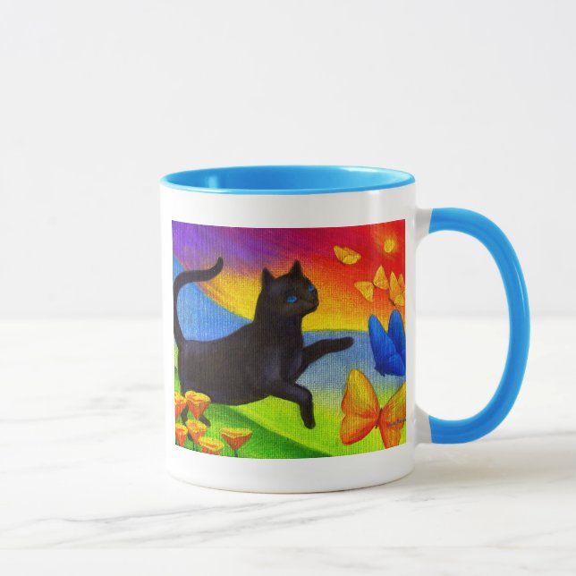 Schwarze Katzen-Malerei-Schmetterlings-Kunst - Tasse (Rechts)