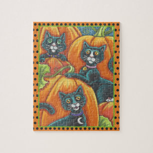 SCHWARZE KATZEN, MAUS, KÜRBISFELD HALLOWEEN-PUZZLE