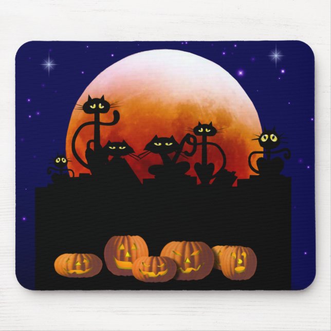 Schwarze Katzen, Mond, Kürbise Mousepad (Vorne)