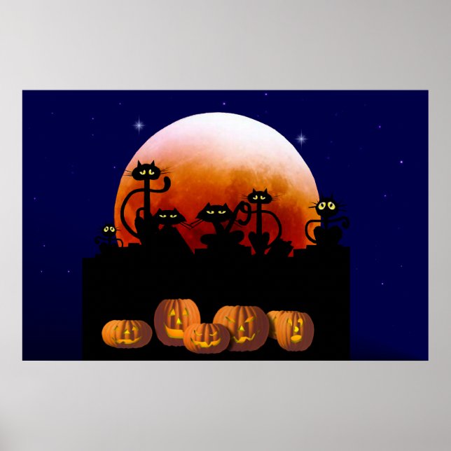 Schwarze Katzen, Mond, Pumpkins Poster (Vorne)
