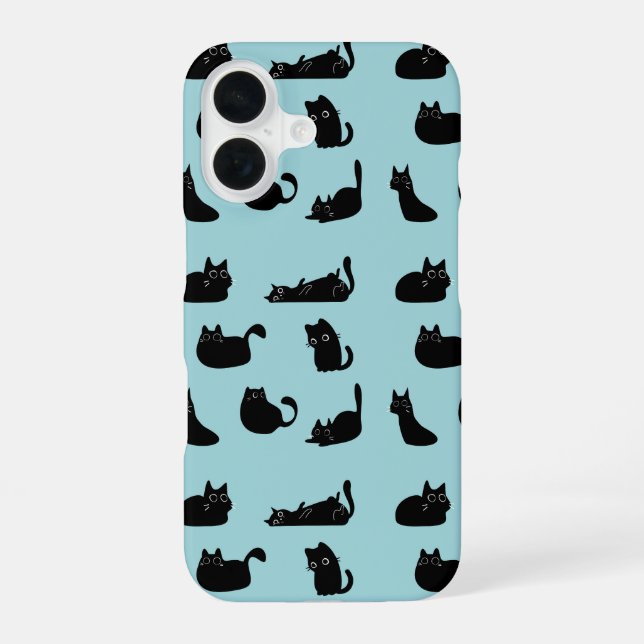 Schwarze Katzen Muster iPhone 16 Hülle (Rückseite)