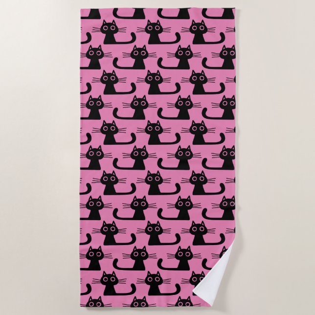 Schwarze Katzen Muster Pink | Fun Animal Lover's Strandtuch (Vorderseite)