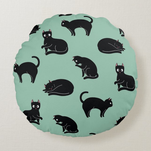 Schwarze Katzen Nahtloses Muster Rundes Kissen (Vorderseite)