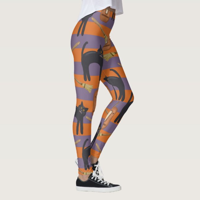 Schwarze Katzen, Orangefarbene und Lila Halloween- Leggings (Rechts)