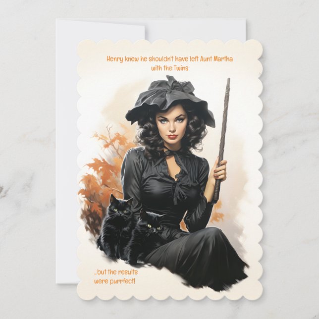 Schwarze Katzen Purfffect Babysitter Halloween-Kar Einladung (Vorderseite)