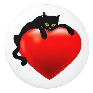 Schwarze Katzen-Rot-Herz Keramikknauf