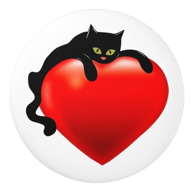 Schwarze Katzen-Rot-Herz Keramikknauf (Vorderseite)