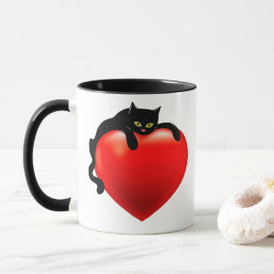 Schwarze Katzen-rote Herzvalentine-Sinti und Tasse