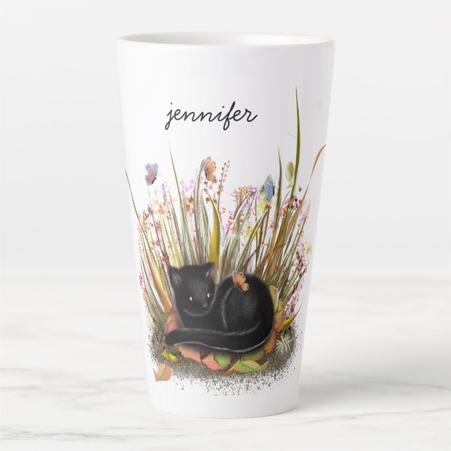 Schwarze Katzen-Schmetterlinge Latte-Tasse Milchtasse (Vorderseite)