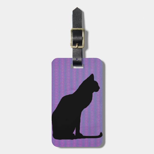 Schwarze Katzen-Silhouette auf lila Streifen Gepäckanhänger (Vorderseite vertikal)