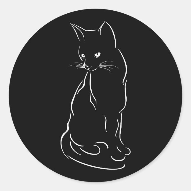 Schwarze Katzen-Silhouette sitzen | Handgezeichnet Runder Aufkleber (Vorderseite)