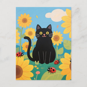 Schwarze Katzen Sonnenblumen Marienkäfer Postkarte