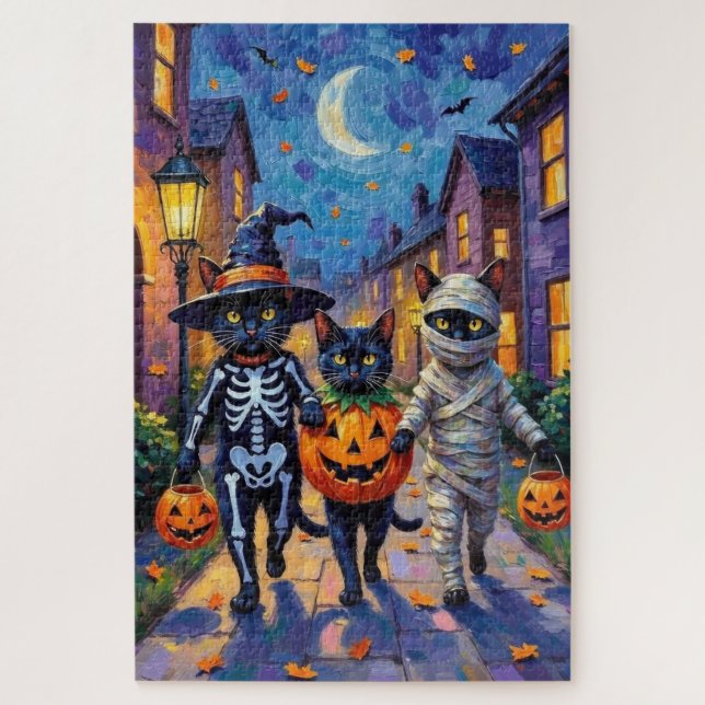 Schwarze Katzen Trick-or-Treating in Halloween-Kos (Vertikal)