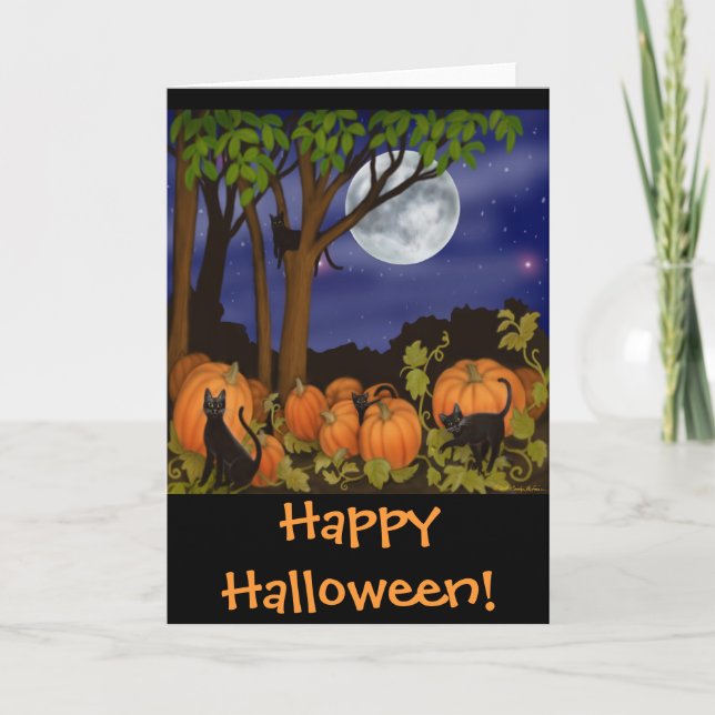 Schwarze Katzen-u. Kürbis-Halloween-Karte Karte (Vorderseite)