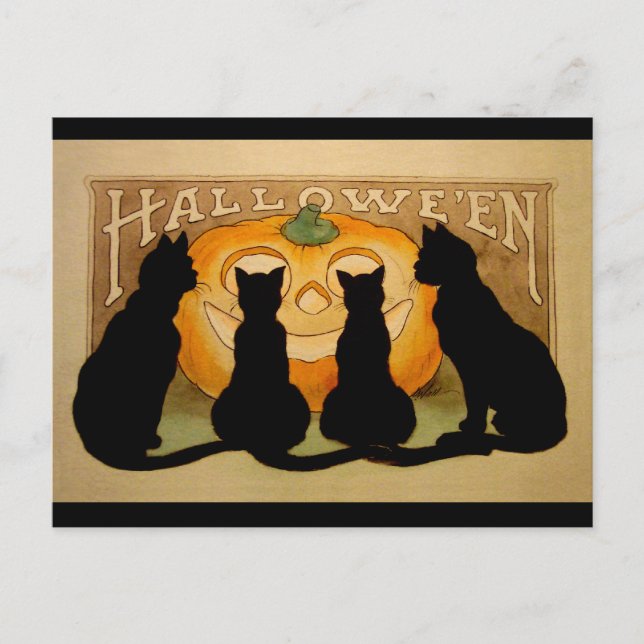 Schwarze Katzen und ein Jack O'Lantern Postkarte (Vorderseite)