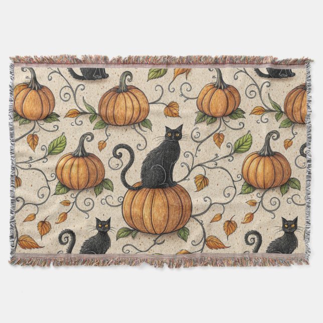 Schwarze Katzen und Kürbis Halloween-Muster Decke (Vorderseite)